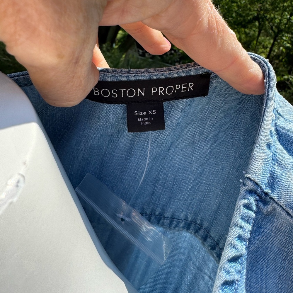 Boston Proper Blue Chambray Jumpsuit Size XS button up front tie elastic waist - Picture 9 of 12